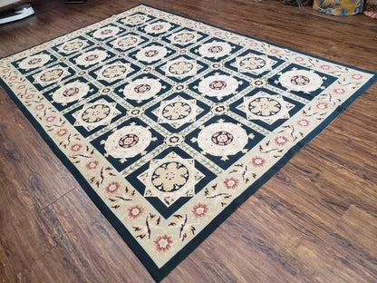 Vintage Chinese Needlepoint Rug 6x9, Panel Design Area Rug Wool Hand-Woven Black & Ivory Carpet Flat Weave Bedroom Rug 6 x 9 Living Room Rug - Nuvé
