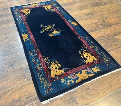 Antique Chinese Peking Rug 3x6, Dark Blue, Bird Motif, Handmade Wool Art Deco Asian Oriental Carpet, Pair A - Nuvé