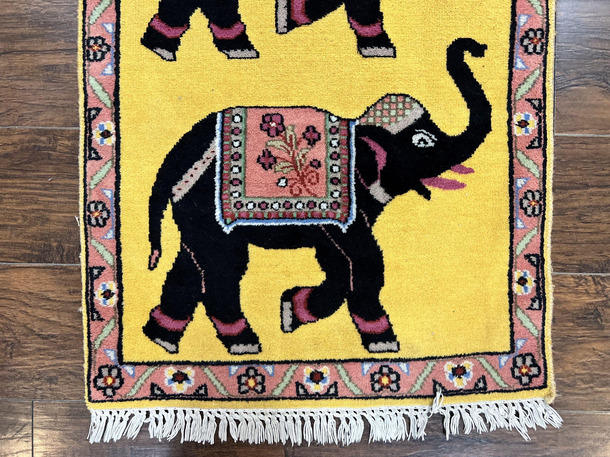 Unique Indian Pictorial Rug 2x3, Small Wool Hand Knotted Oriental Carpet, Yellow, Two Elephants, Handmade - Nuvé