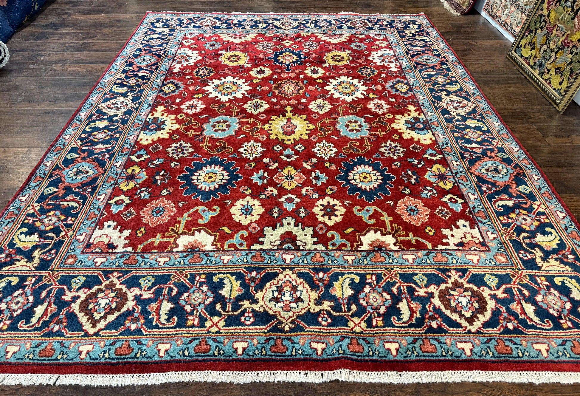Indo Heriz Rug 8x10, Red and Navy Blue, Allover Pattern, Wool Handmade Carpet - Nuvé