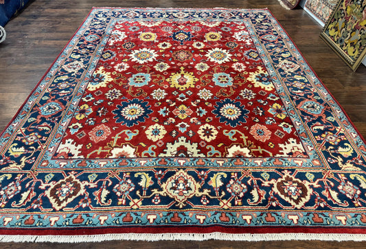 Indo Heriz Rug 8x10, Red and Navy Blue, Allover Pattern, Wool Handmade Carpet - Nuvé