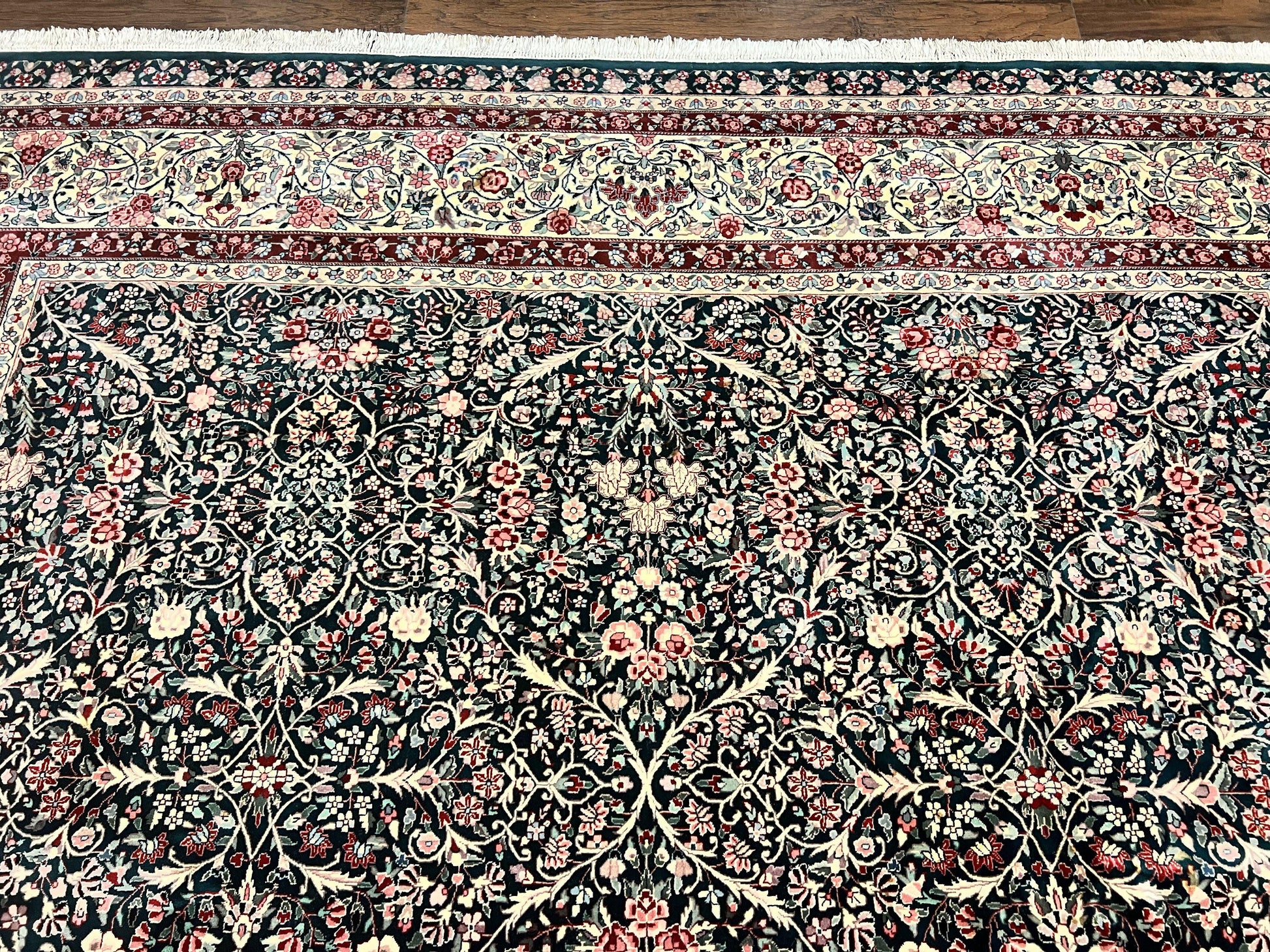 Large Sino Persian Rug 10x14, Wool Hand Knotted Vintage Carpet, Dark Green & Beige, Kirman Floral Rug, Fine Weave, Traditional, Large - Nuvé