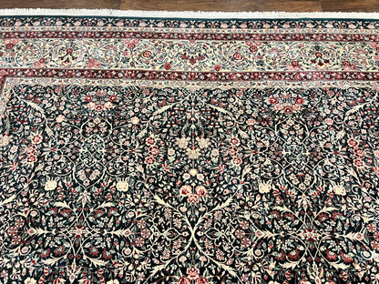 Large Sino Persian Rug 10x14, Wool Hand Knotted Vintage Carpet, Dark Green & Beige, Kirman Floral Rug, Fine Weave, Traditional, Large - Nuvé