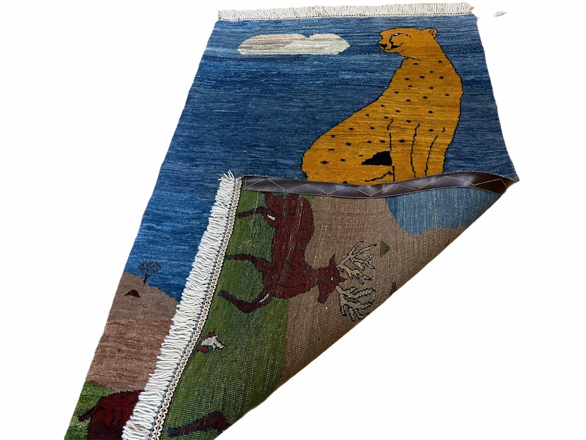 3 x 5 Handmade New Vintage Wool Blue Rug Leopard Lion Jaguar Deer Organic Dyes - Nuvé