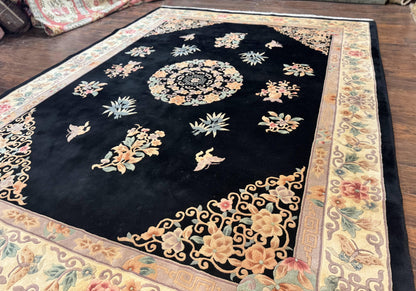 Chinese Wool Rug 9x12, Chinese Carving Carpet, Floral Medallion, Black and Beige, Butterflies, Vintage Asian Oriental Rug, 90 Line Rug - Nuvé