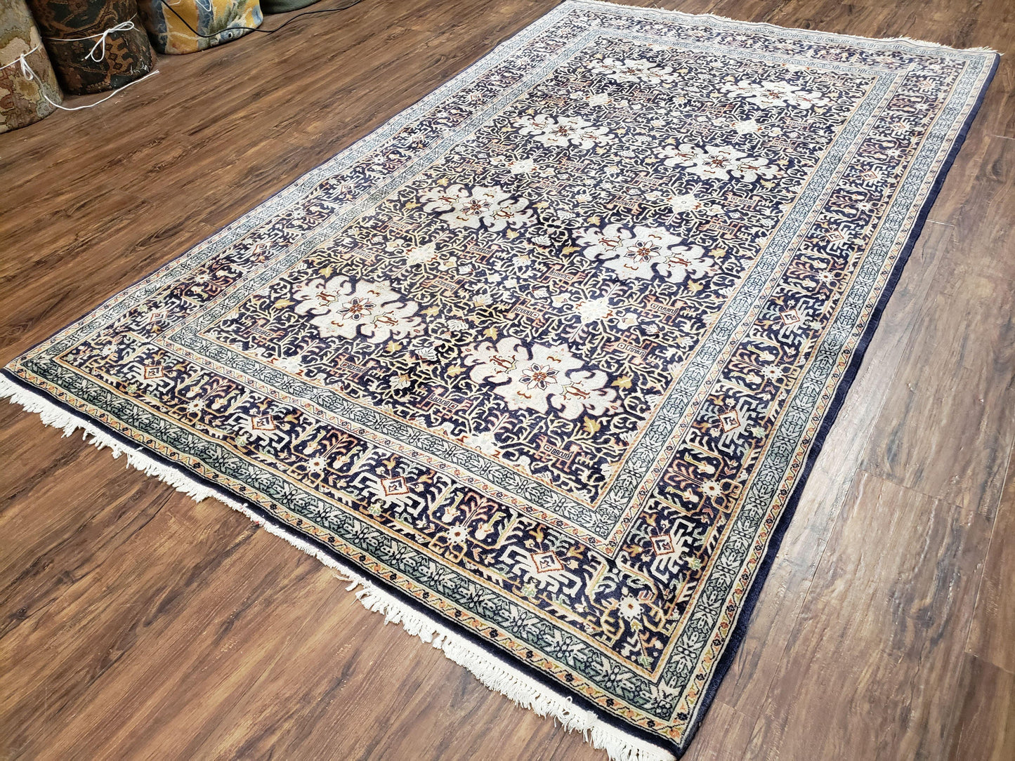 Navy Blue Persian Kashan Rug, Hand-Knotted, Wool, 4' 8" x 7' 4", Pair B - Nuvé