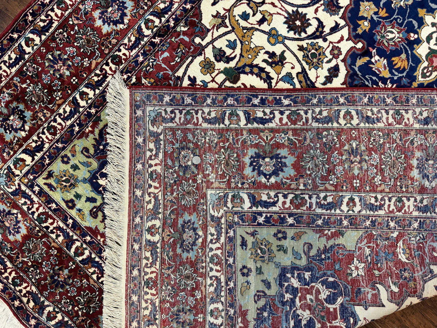Wonderful Persian Isfahan Rug 7x9, Ivory Navy Blue Red, Floral Medallion, Very Finely Hand Knotted 260 KPSI, Handmade Wool Vintage Rug - Nuvé