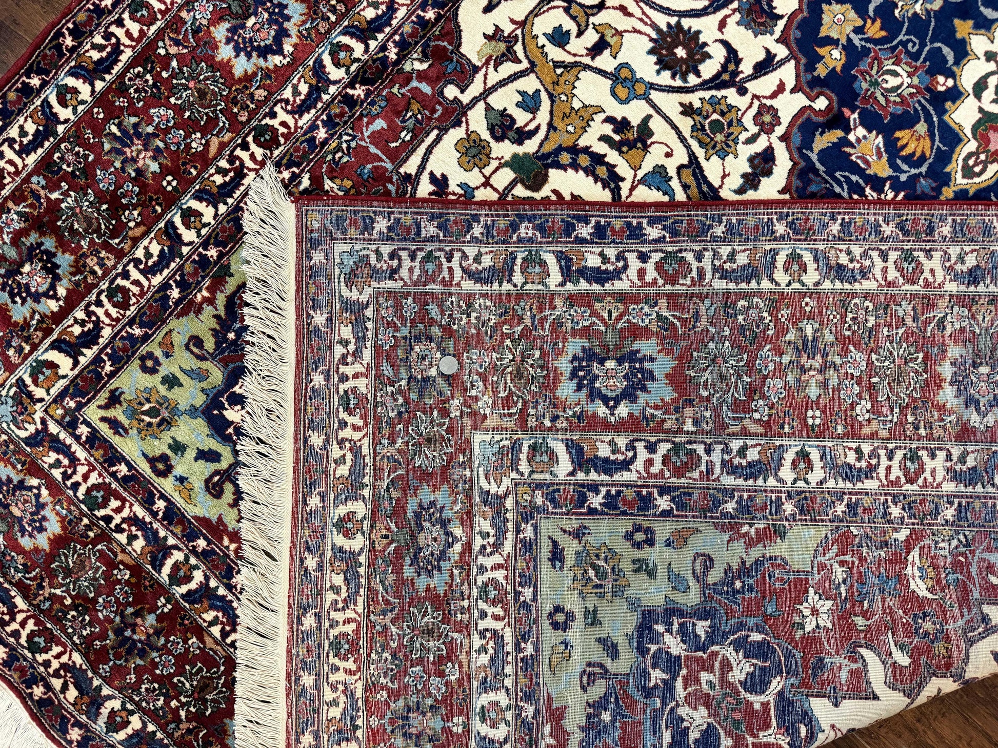 Wonderful Persian Isfahan Rug 7x9, Ivory Navy Blue Red, Floral Medallion, Very Finely Hand Knotted 260 KPSI, Handmade Wool Vintage Rug - Nuvé