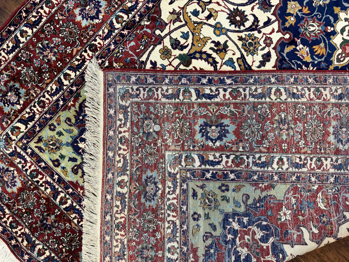 Wonderful Persian Isfahan Rug 7x9, Ivory Navy Blue Red, Floral Medallion, Very Finely Hand Knotted 260 KPSI, Handmade Wool Vintage Rug