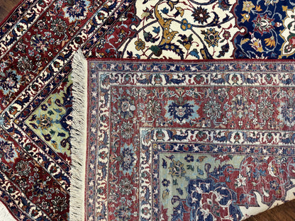 Wonderful Persian Isfahan Rug 7x9, Ivory Navy Blue Red, Floral Medallion, Very Finely Hand Knotted 260 KPSI, Handmade Wool Vintage Rug