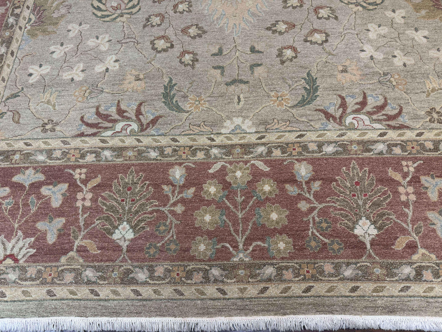 Large Turkish Soumak Rug 10x14, Flatweave Dhurrie, Handmade, Light Green and Salmon - Nuvé