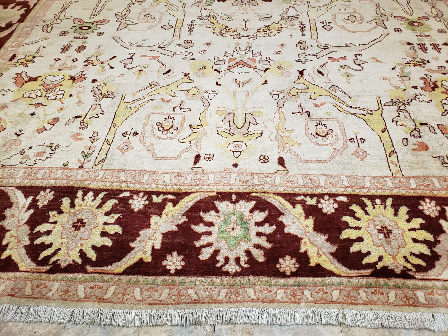 Beige and Maroon Peshawar Rug 10x15, Large Oushak Carpet, Pakistani Rug, Handmade Area Rug, Hand Knotted Rug, Living Room Rug, Nice Wool Rug - Nuvé