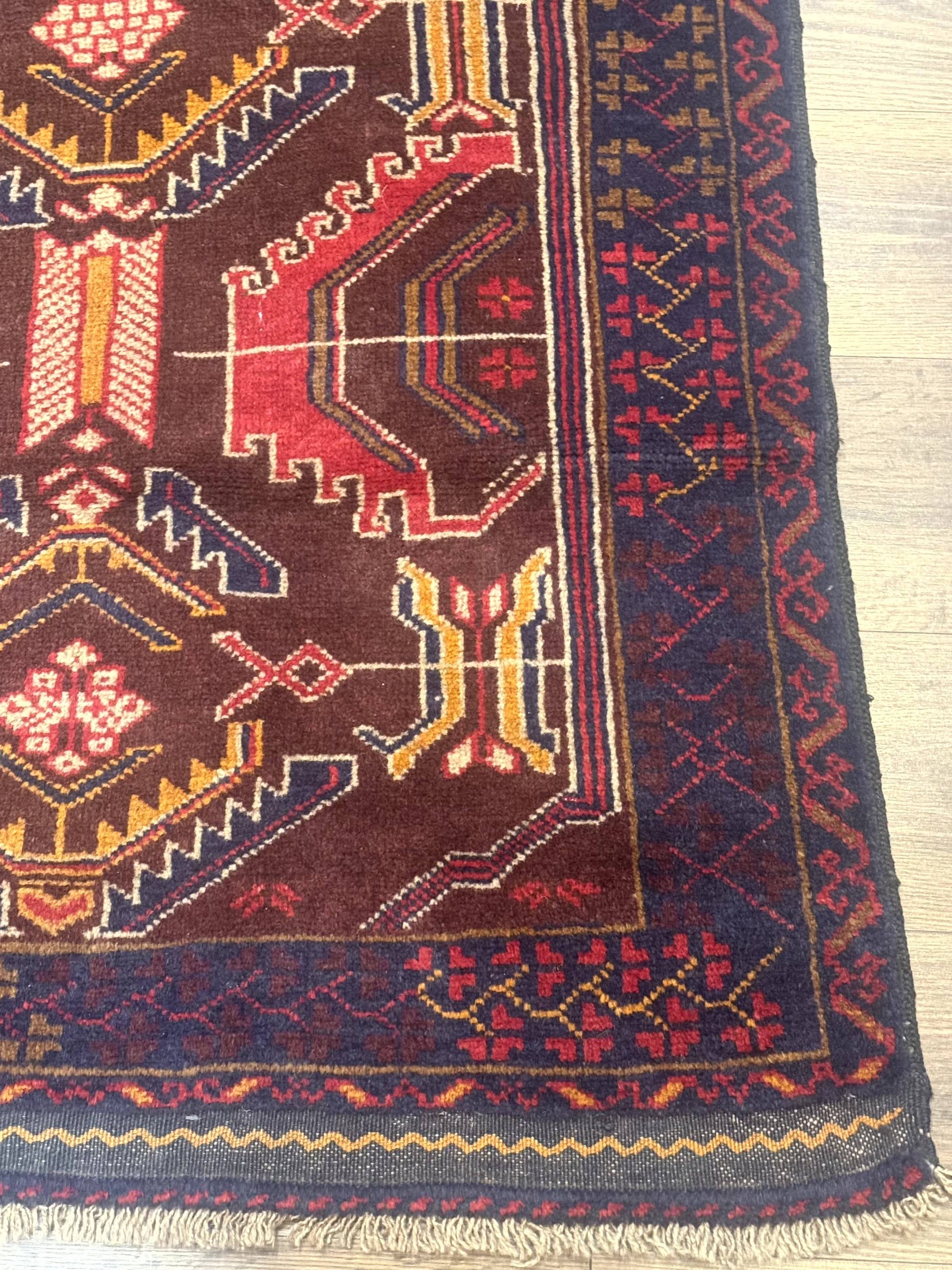 Afghan Rug 3x7, Maroon and Navy Blue, Balouch Carpet, Tribal Rug, New - Nuvé
