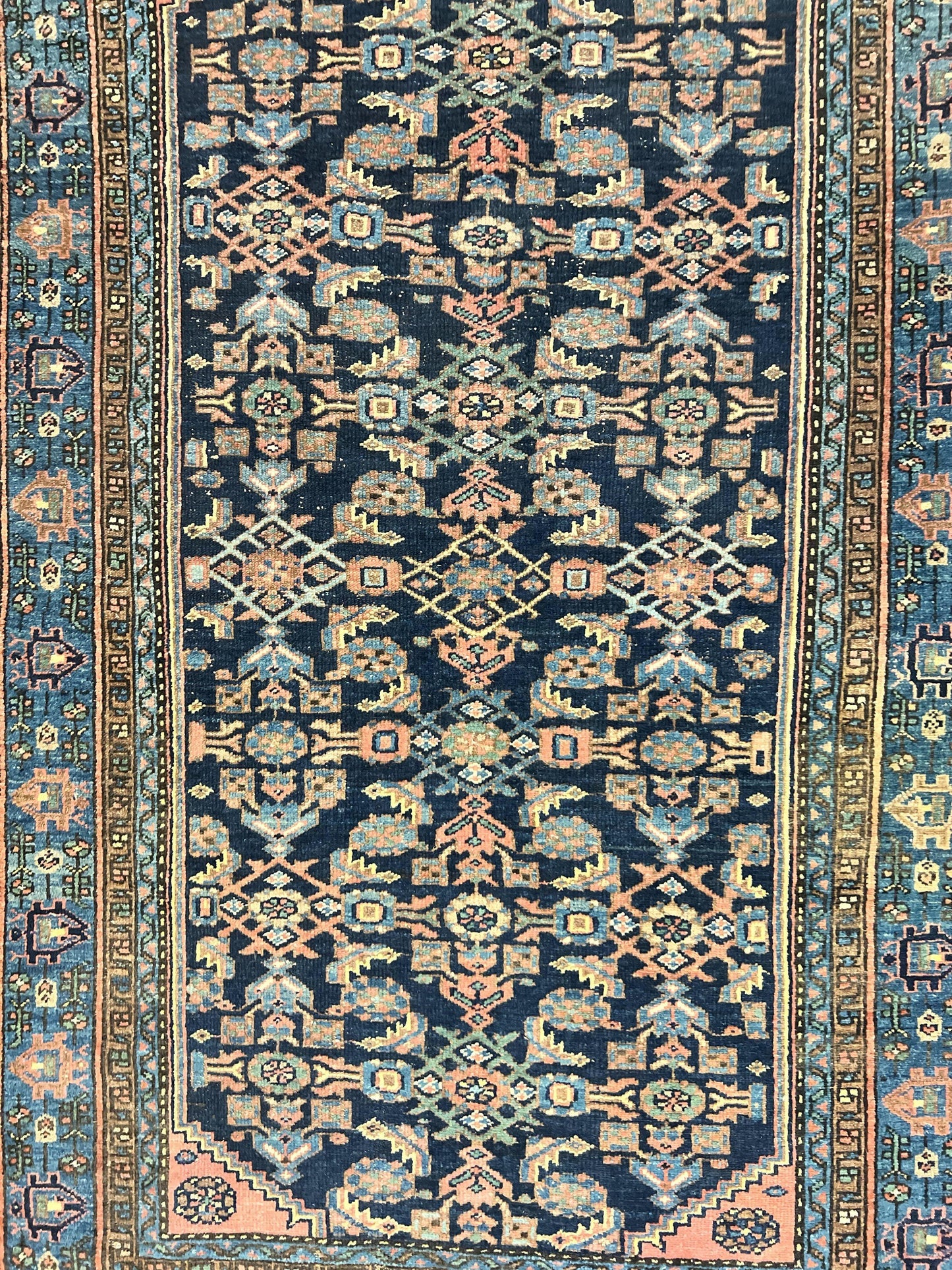 Antique Persian Tribal Rug 5x7, Navy Blue & Pink, Hand Knotted Handmade 1920s Wool Rug, Allover Pattern, Persian Hamadan Rug - Nuvé