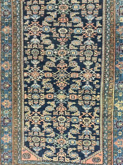 Antique Persian Tribal Rug 5x7, Navy Blue & Pink, Hand Knotted Handmade 1920s Wool Rug, Allover Pattern, Persian Hamadan Rug - Nuvé