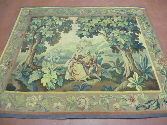 Antique French Tapestry 5x6 French Handmade Aubusson Nature One Of A Kind Rare - Nuvé