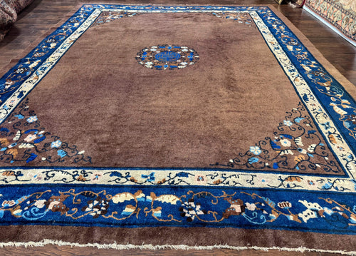 Antique Chinese Wool Rug 9x11, Large Chinese Art Deco Rug, Peking Rug, Brown and Blue, Open Field, Fete Rug - Nuvé