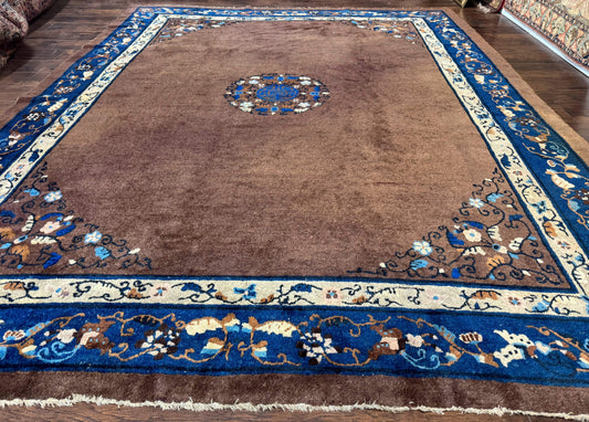 Antique Chinese Wool Rug 9x11, Large Chinese Art Deco Rug, Peking Rug, Brown and Blue, Open Field, Fete Rug - Nuvé