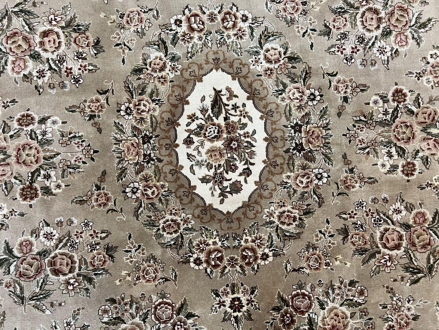 Sino Persian Rug 8x10, Soft Wool, Silk Highlights, Hand Knotted Vintage Carpet, Taupe & Ivory, Floral, Traditional Rug 8 x 10 - Nuvé