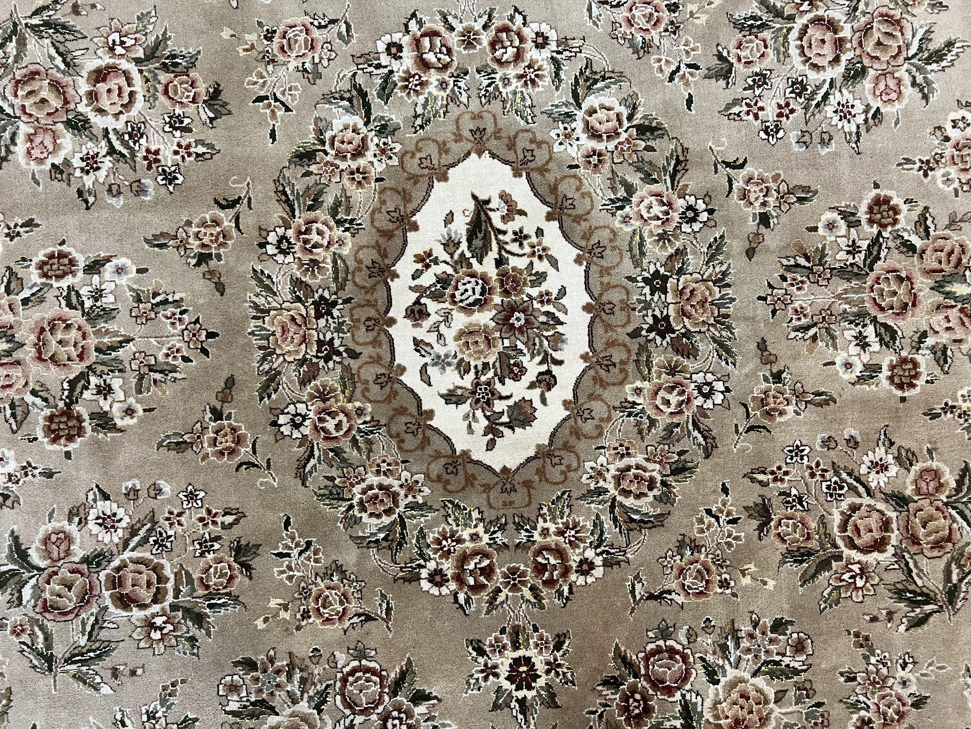 Sino Persian Rug 8x10, Soft Wool, Silk Highlights, Hand Knotted Vintage Carpet, Taupe & Ivory, Floral, Traditional Rug 8 x 10 - Nuvé