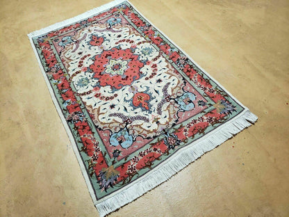 Small Vintage Persian Tabriz Wool and Silk Rug 2.5 x 4 ft, Very Finely Hand Knotted, Medallion, Ivory Salmon Light Blue, Top Quality, Pair B - Nuvé