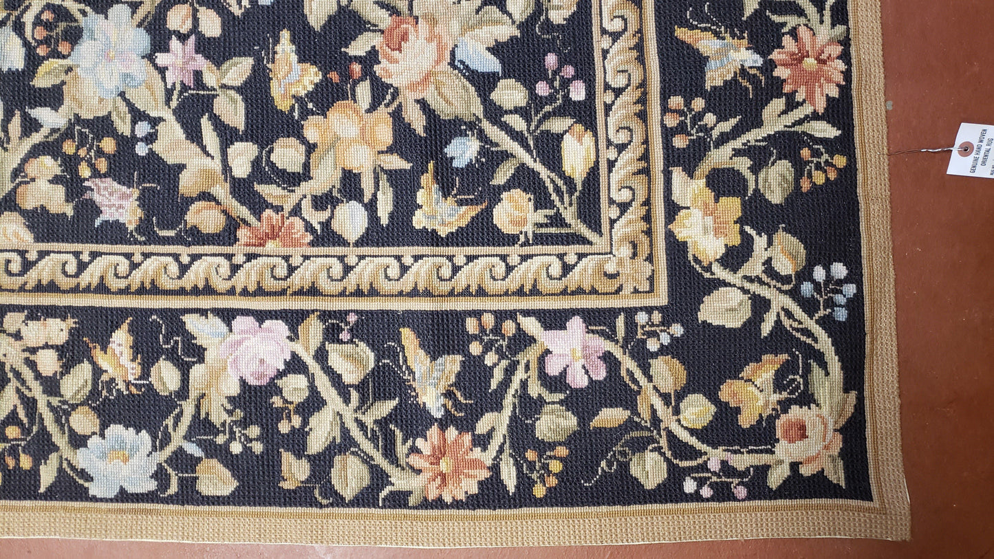 6x9 Vintage Needlepoint Rug, Petitepoint Carpet, Butterflies Floral Design