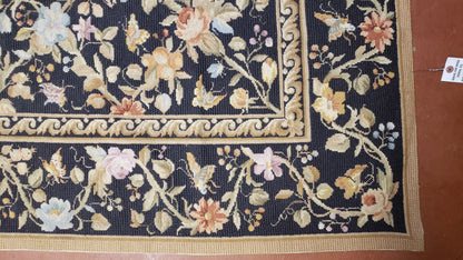 6x9 Vintage Needlepoint Rug, Petitepoint Carpet, Butterflies Floral Design