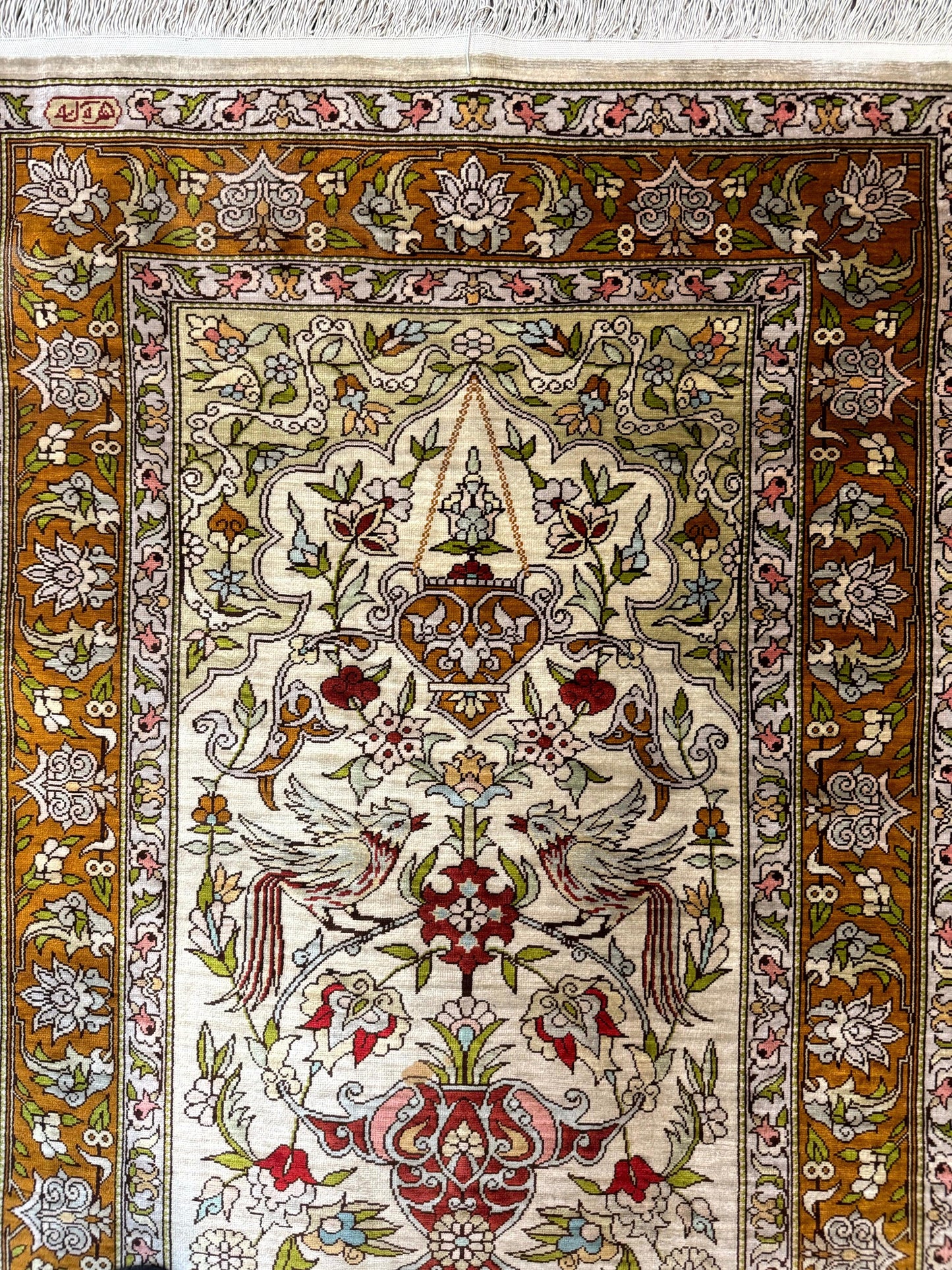 Silk Turkish Hereke Rug 2x3, Birds Lantern Very Fine 400 KPSI, Signed by Masterweaver, Wonderful, Rare, Small Hereke Rug - Nuvé