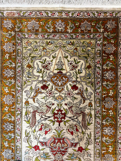Silk Turkish Hereke Rug 2x3, Birds Lantern Very Fine 400 KPSI, Signed by Masterweaver, Wonderful, Rare, Small Hereke Rug - Nuvé