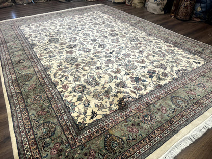 Indo Persian Rug 9x12, Allover Floral Pattern, Ivory & Green, Traditional Oriental Carpet - Nuvé