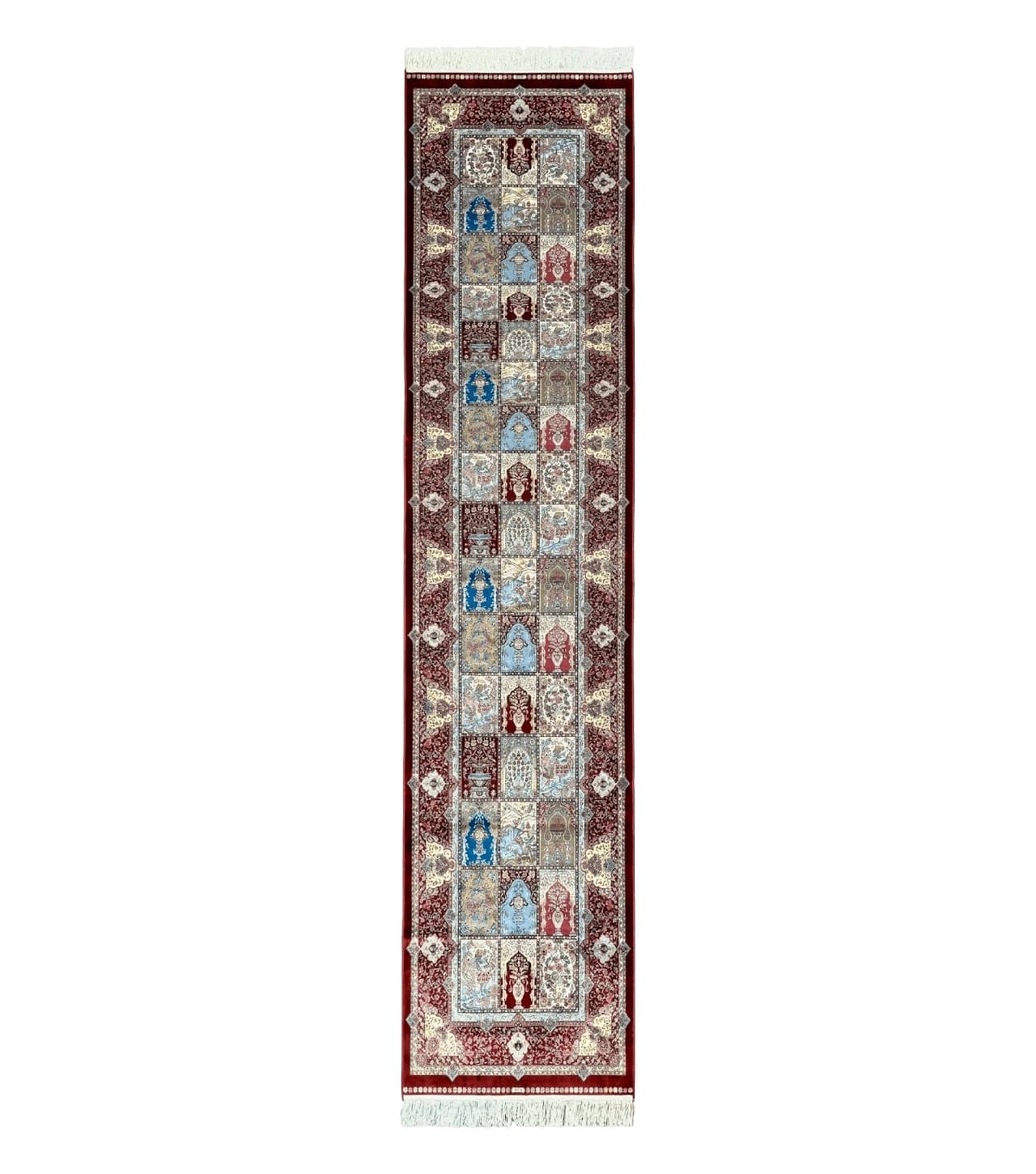 Turkish Silk Runner Rug 2.6 x 11.6, Panel Design, Dark Red Ivory, Bamboo Silk, New