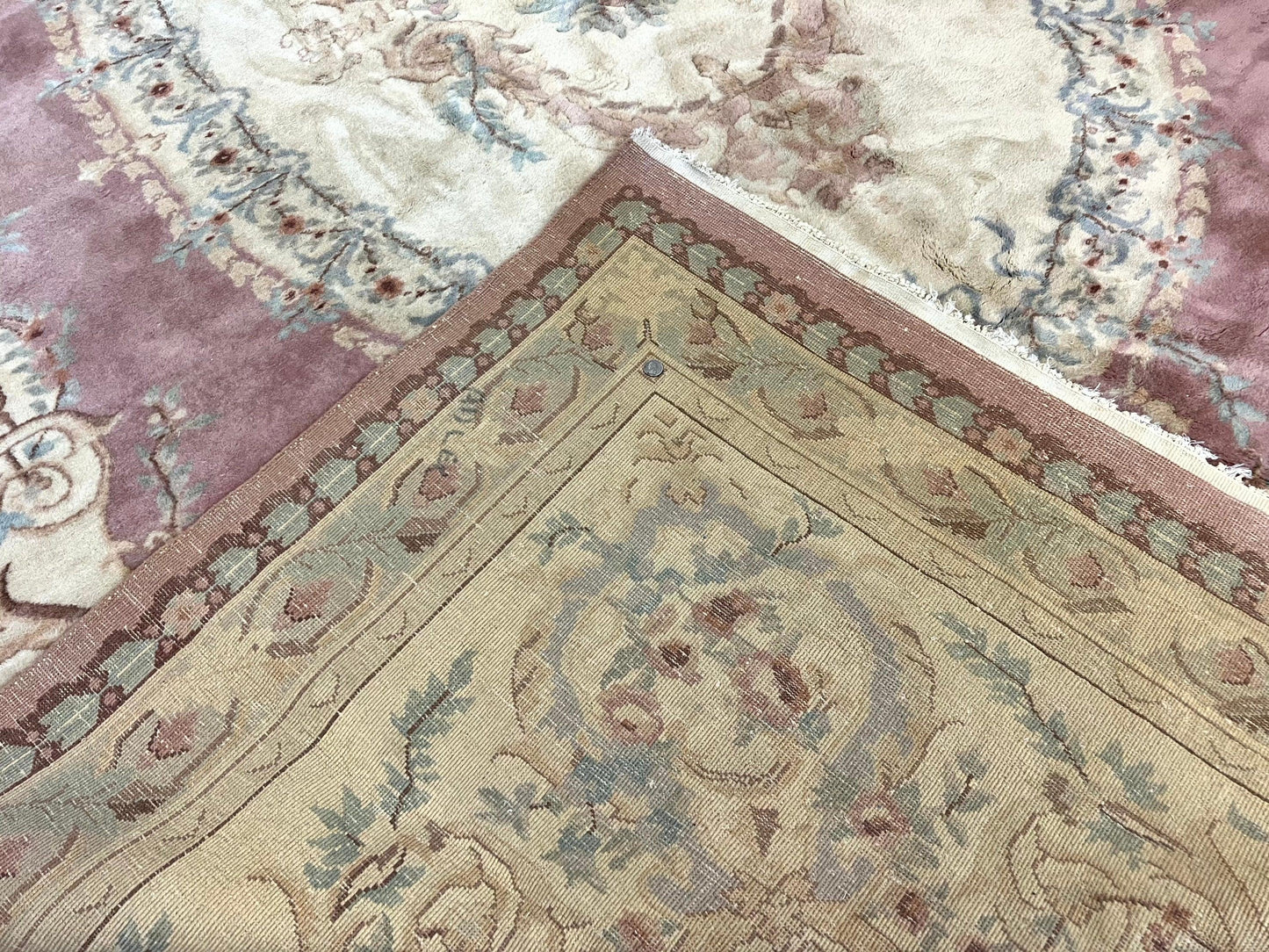 Indo Chinese Aubusson Wool Rug 10x14, Pink and Cream, Handmade Vintage Wool Carpet, Elegant European Design - Nuvé
