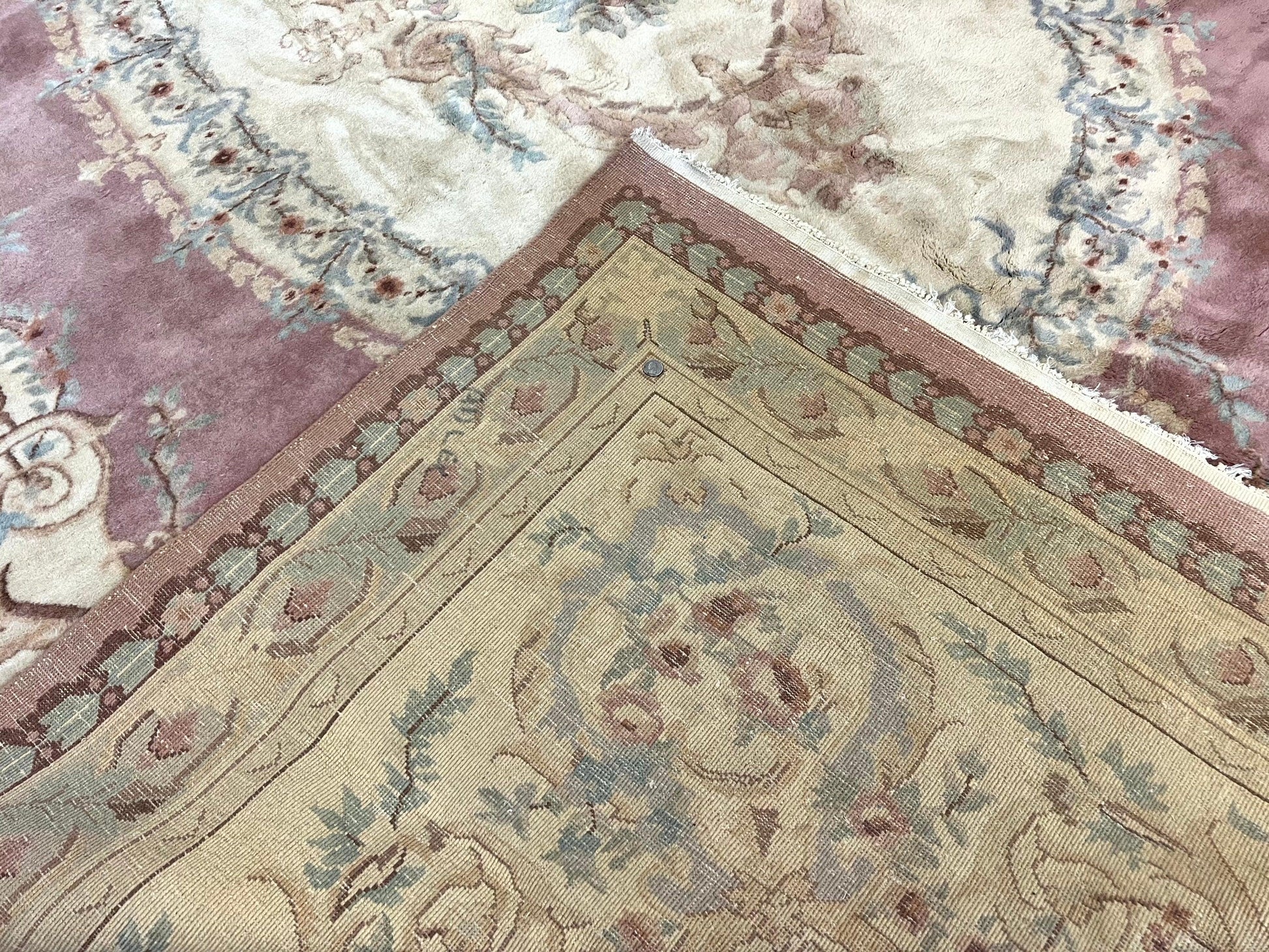 Indo Chinese Aubusson Wool Rug 10x14, Pink and Cream, Handmade Vintage Wool Carpet, Elegant European Design - Nuvé