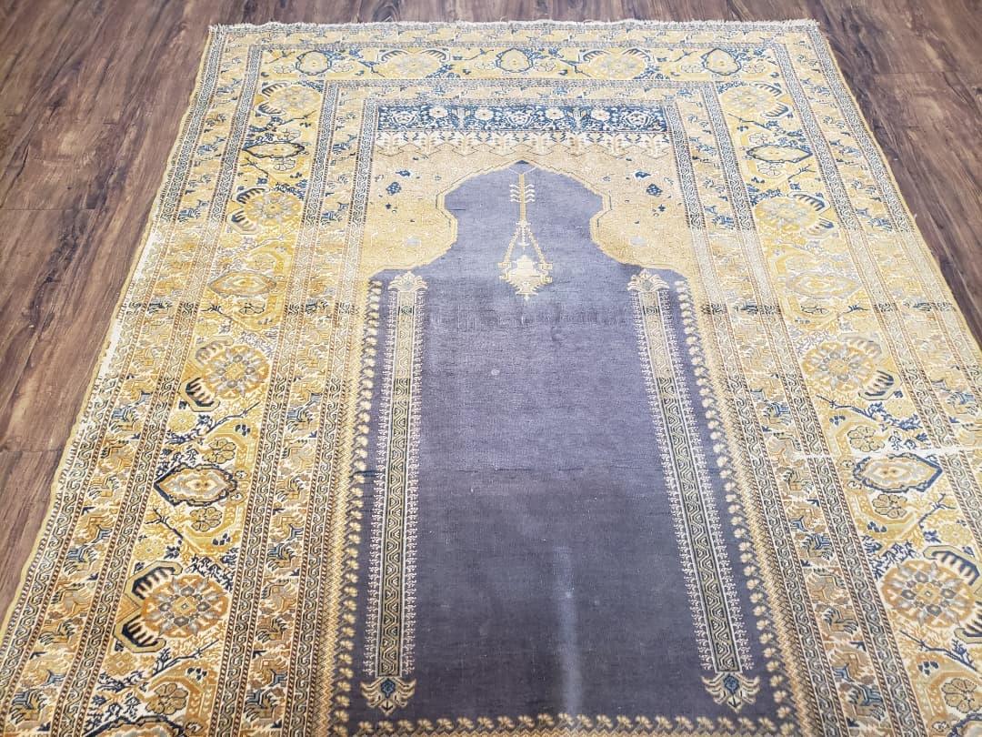 Rare Turkish Ghiordes Prayer Rug 4 x 5.8 ft, Late 19th Century Turkish Oriental Carpet, Mehrab Antique Prayer Rug, Museum Quality, Blue, Tan - Nuvé