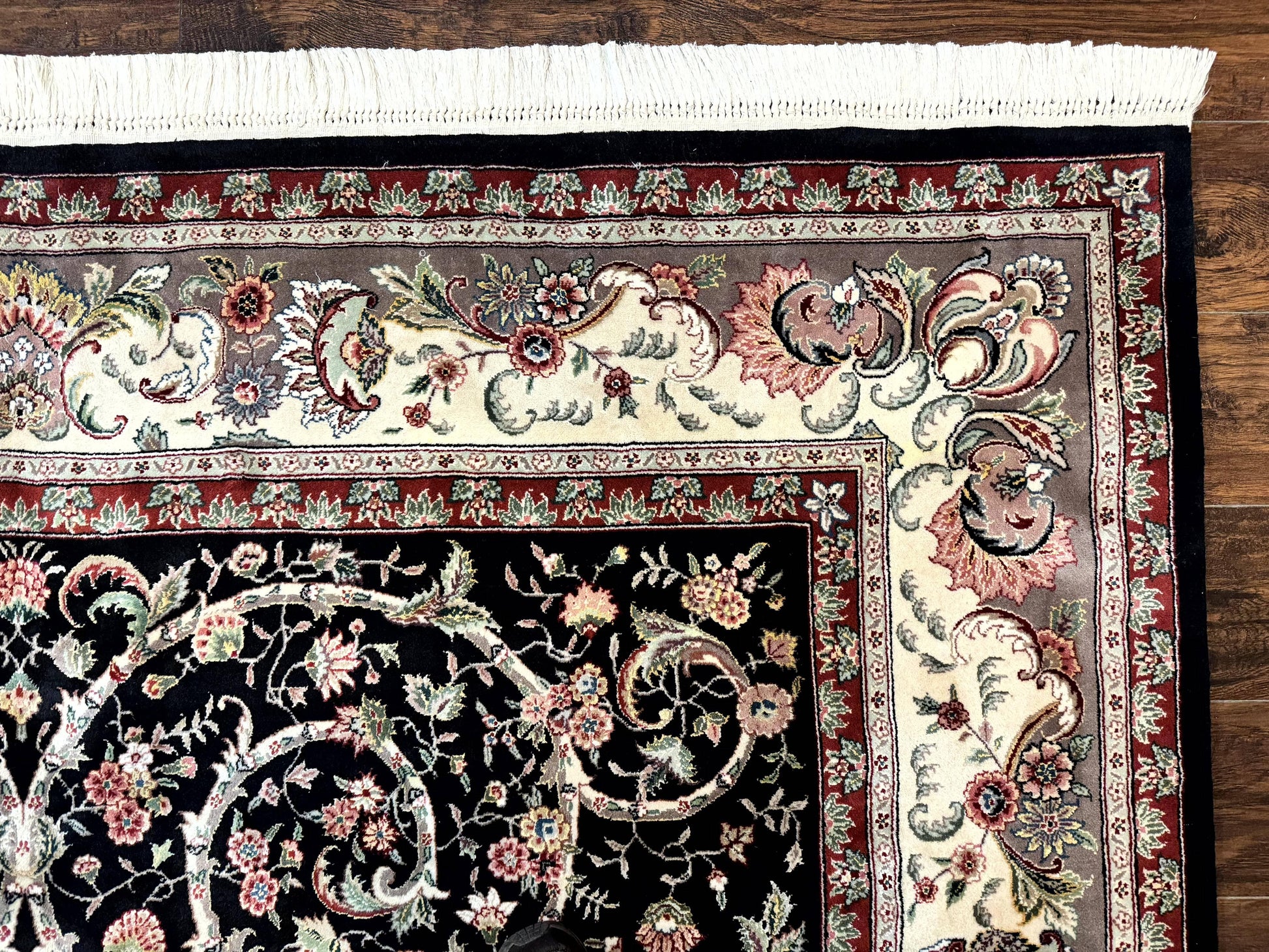 Black Pak Persian Rug 8x11, Floral Pattern, Hand Knotted Vintage Wool Rug with Silk Highlights, Fine 200 KPSI - Nuvé