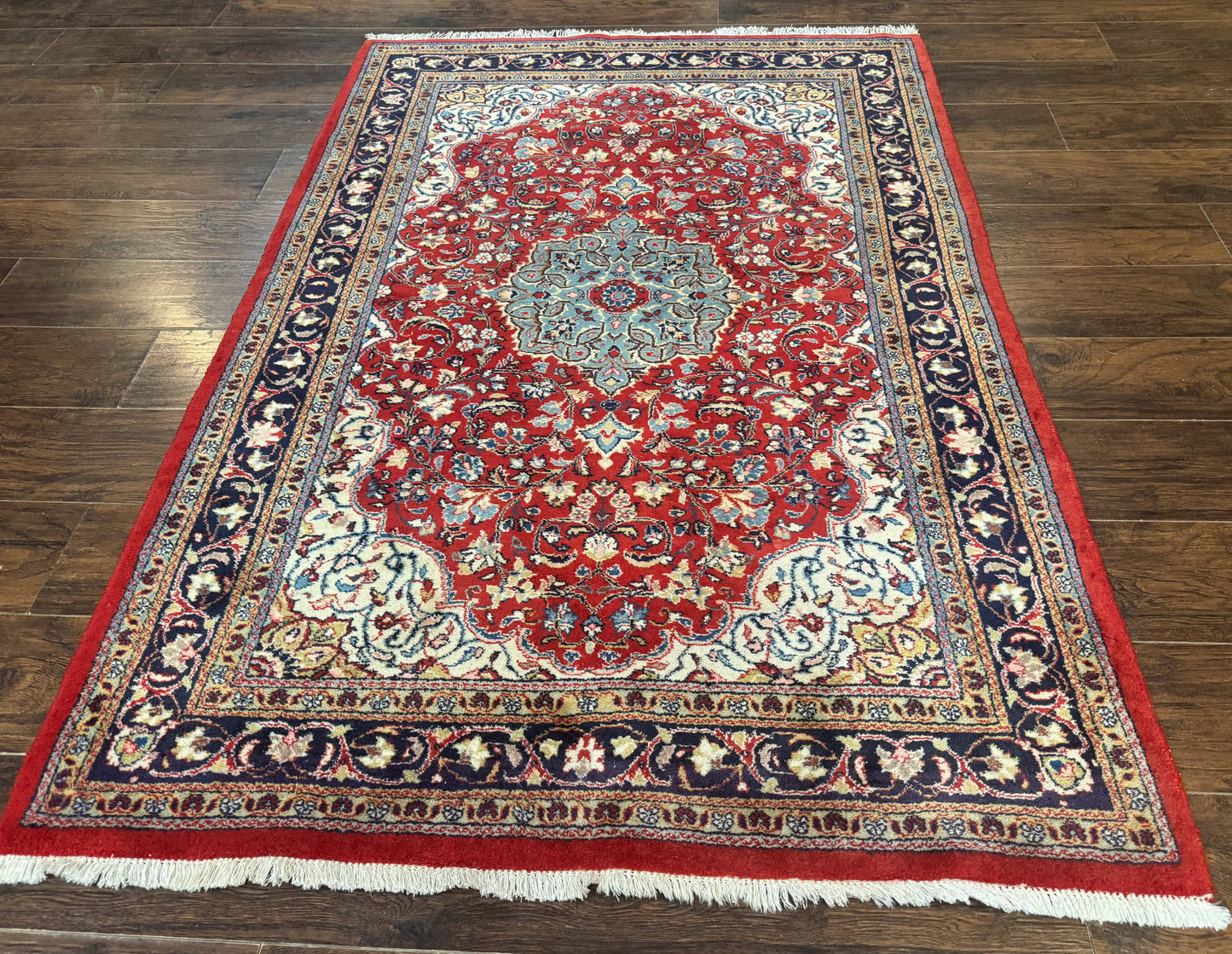 Persian Sarouk Rug 4x7, Red Navy Blue Vintage Wool Medallion Carpet - Nuvé
