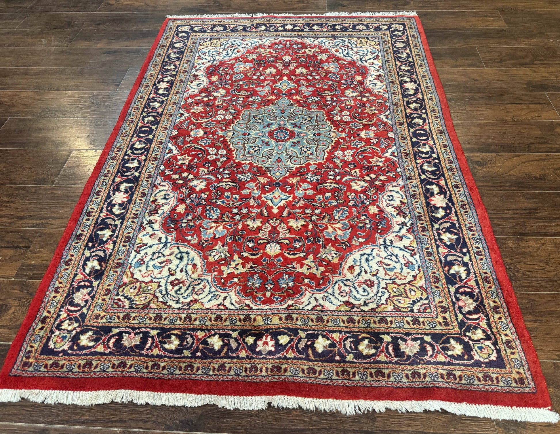 Persian Sarouk Rug 4x7, Red Navy Blue Vintage Wool Medallion Carpet - Nuvé
