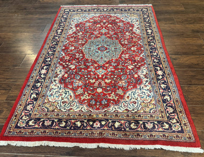 Persian Sarouk Rug 4x7, Red Navy Blue Vintage Wool Medallion Carpet - Nuvé