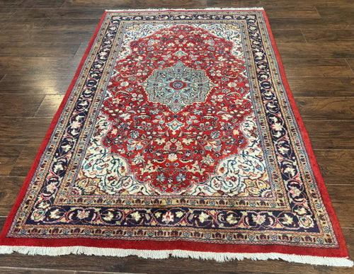 Persian Sarouk Rug 4x7, Red Navy Blue Vintage Wool Medallion Carpet - Nuvé