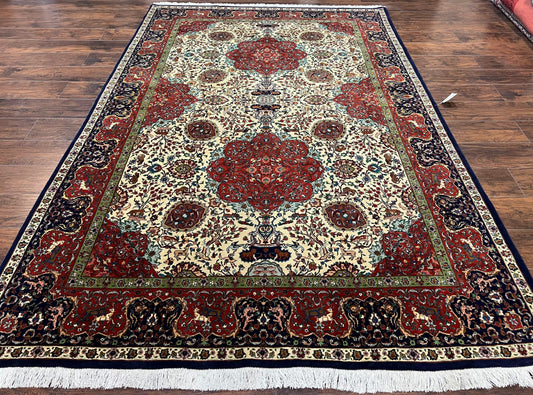 Wonderful Sino Persian Rug 6x10 with Animal Pictorial Motifs, Cream Dark Red Navy Blue, Birds Gazelles, Two Medallions, Top Quality Handmade - Nuvé