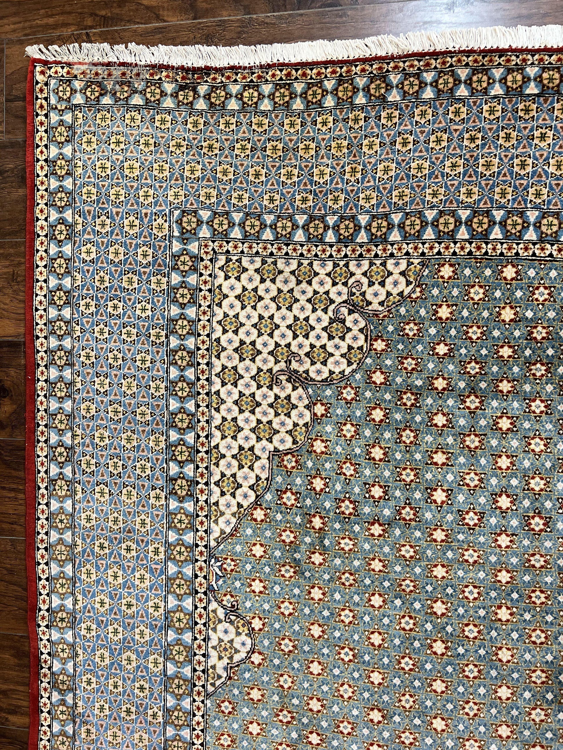 Rare Persian Rug 8x12, Qum Rug, Repeated Star Motifs, Blue and Ivory, Fine 300 KPSI, Hand Knotted Handmade Vintage Wool Rug - Nuvé