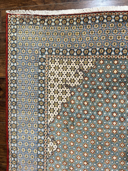 Rare Persian Rug 8x12, Qum Rug, Repeated Star Motifs, Blue and Ivory, Fine 300 KPSI, Hand Knotted Handmade Vintage Wool Rug - Nuvé