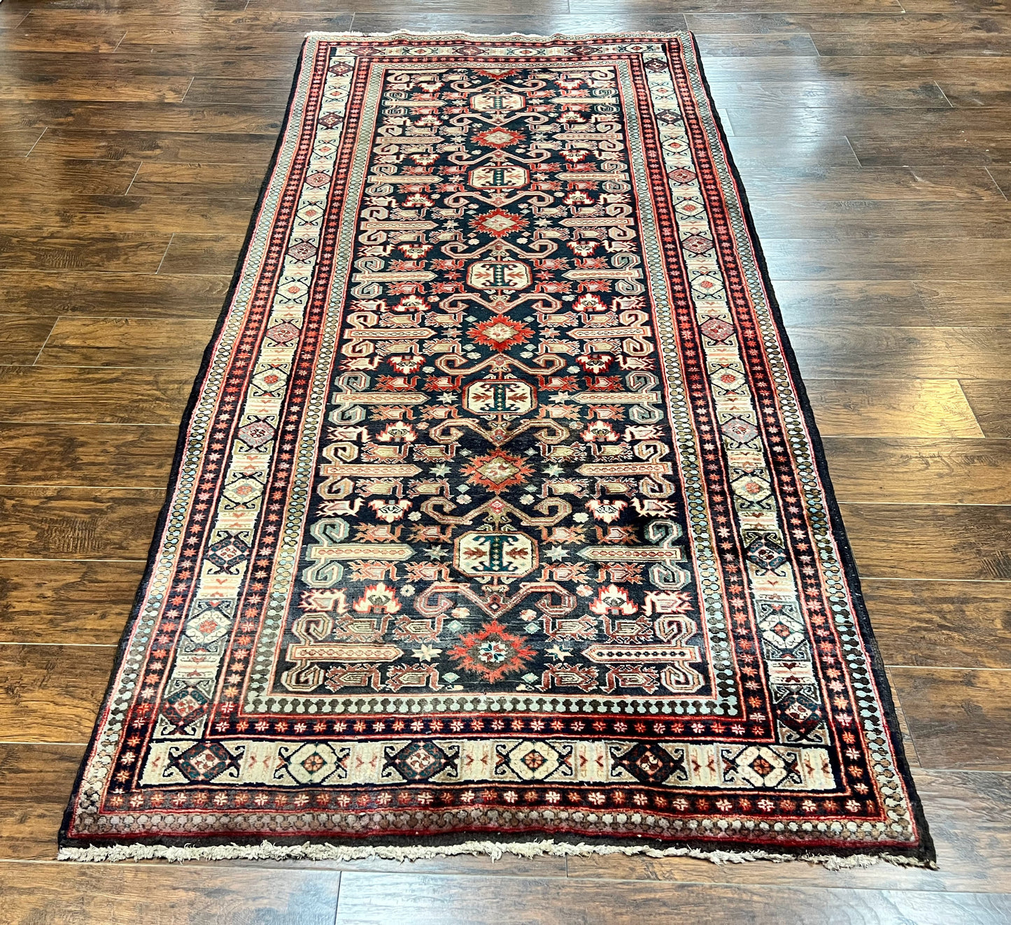 Persian Wide Runner Rug 4.8 x 10, Persian Kalegi Ardabil Rug, Perpedil Caucasian Rug, Antique Handmade Wool Carpet, Navy Blue Red, Tribal Rug