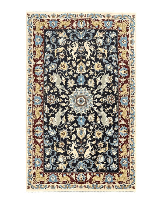 Wonderful Persian Isfahan Rug 2.4 x 4, Animal Pictorials Deer, Floral, Handmade Vintage Navy Blue Small Persian Carpet, Very Fine 430 KPSI Kork Wool