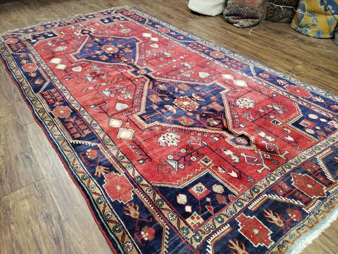 Antique Persian Zanjan Nahavand Heriz Rug, Red & Blue, Hand-Knotted, 5' x 9' 7" - Nuvé