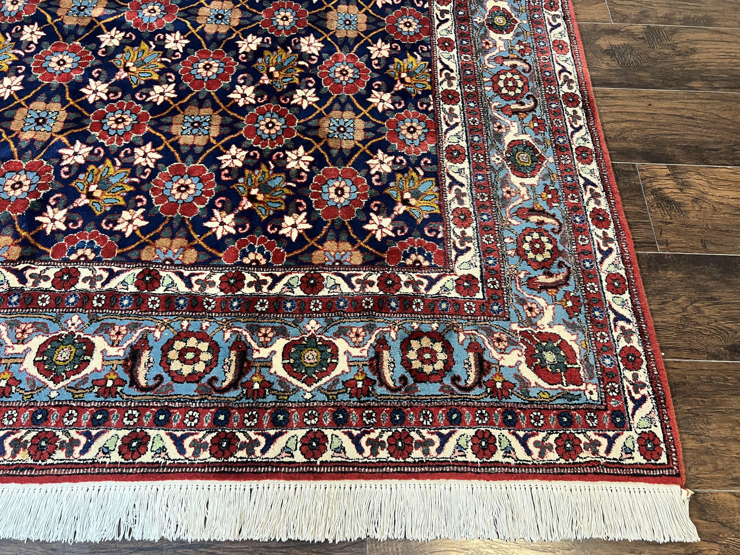 Persian Veramin Rug 7x11, Repeated Allover Pattern, Handmade Vintage Carpet, Navy Blue - Nuvé