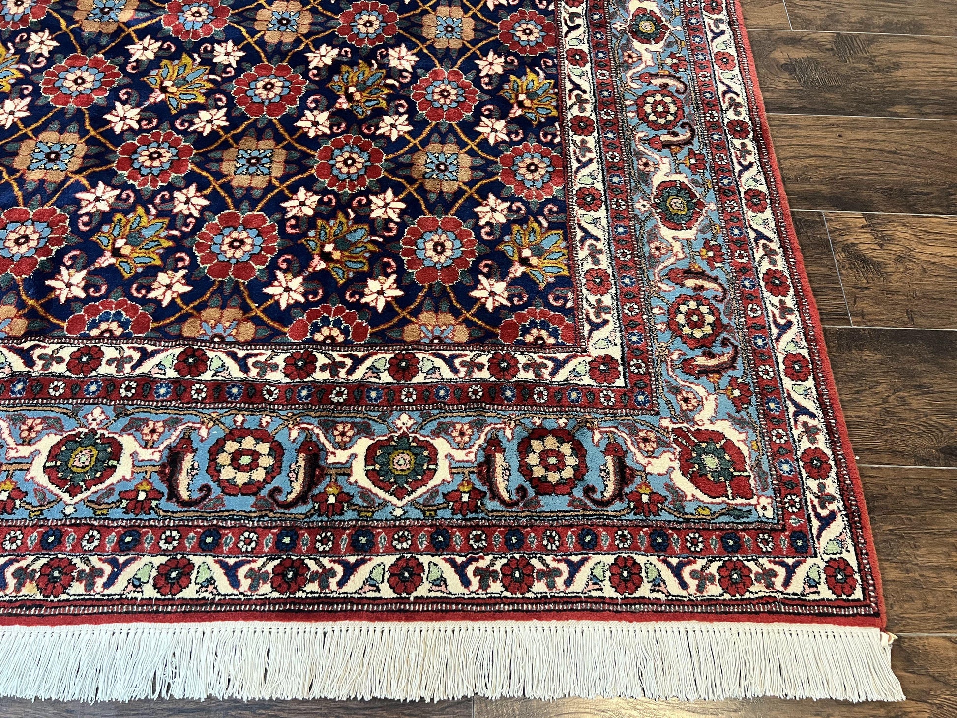 Persian Veramin Rug 7x11, Repeated Allover Pattern, Handmade Vintage Carpet, Navy Blue - Nuvé