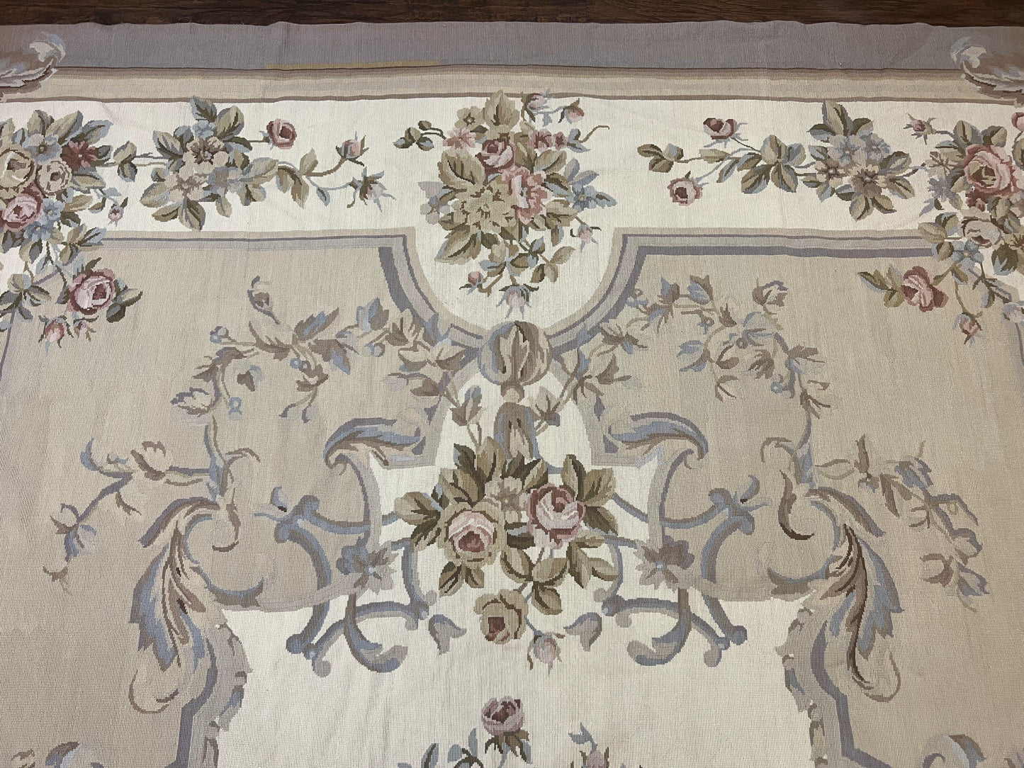 Aubusson Needlepoint Rug 9x12, VIntage Handmade Wool Beige Floral European Elegant Rug 9 x 12, Floral Roses - Nuvé