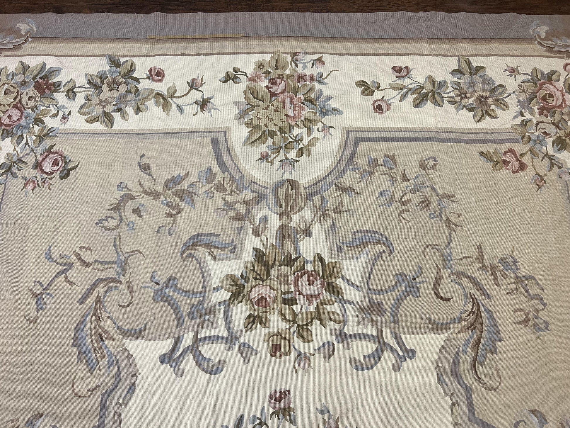 Aubusson Needlepoint Rug 9x12, VIntage Handmade Wool Beige Floral European Elegant Rug 9 x 12, Floral Roses - Nuvé