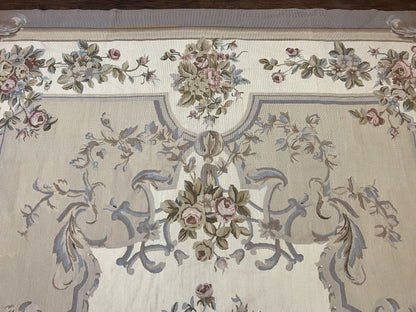 Aubusson Needlepoint Rug 9x12, VIntage Handmade Wool Beige Floral European Elegant Rug 9 x 12, Floral Roses - Nuvé